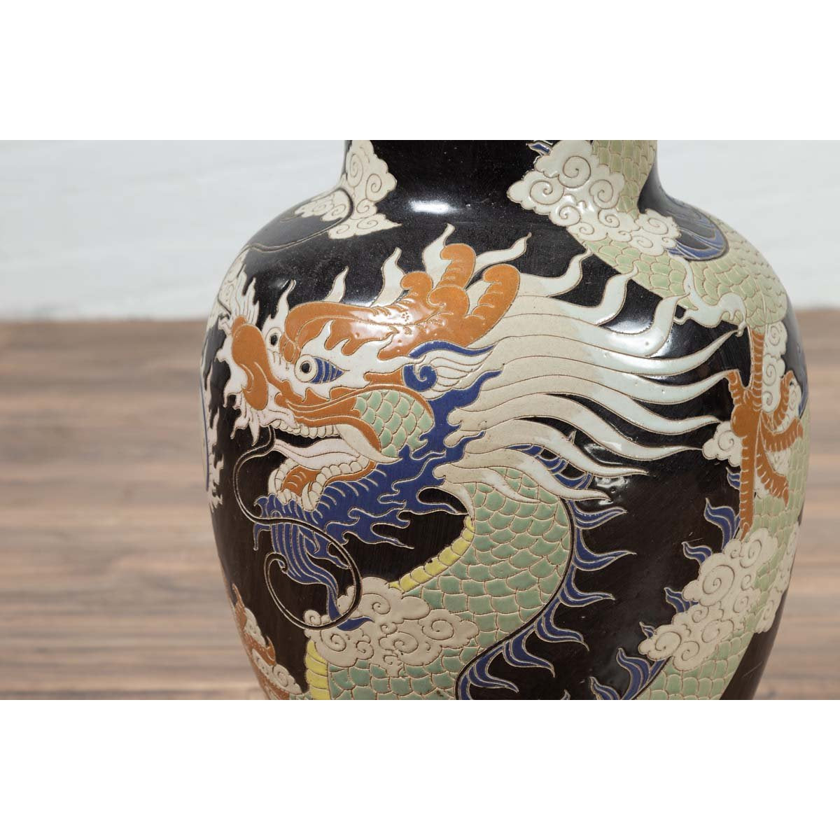 Blue Dragon Motif Altar Vase on Black Ground, Found in Vietnamese Temple-7. Asian & Chinese Furniture, Art, Antiques, Vintage Home Décor for sale at FEA Home
