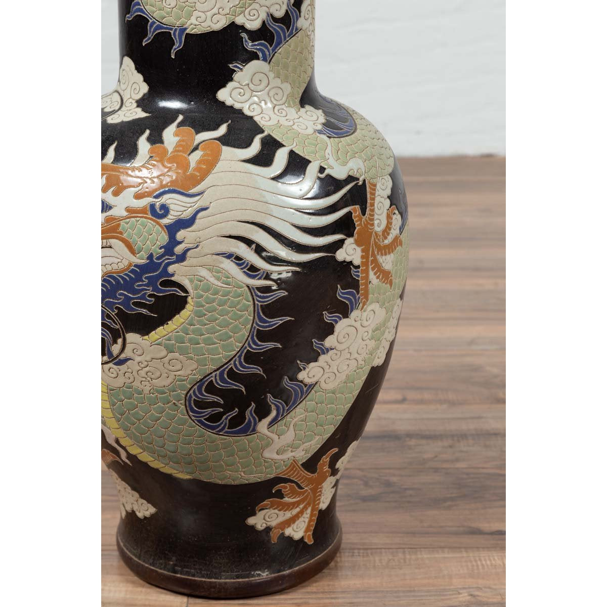 Blue Dragon Motif Altar Vase on Black Ground, Found in Vietnamese Temple-8. Asian & Chinese Furniture, Art, Antiques, Vintage Home Décor for sale at FEA Home