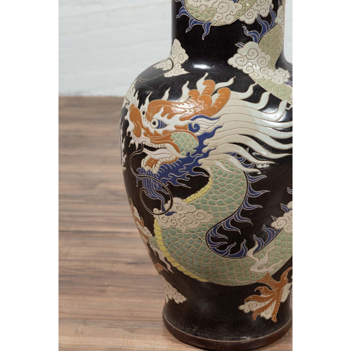 Blue Dragon Motif Altar Vase on Black Ground, Found in Vietnamese Temple-9. Asian & Chinese Furniture, Art, Antiques, Vintage Home Décor for sale at FEA Home