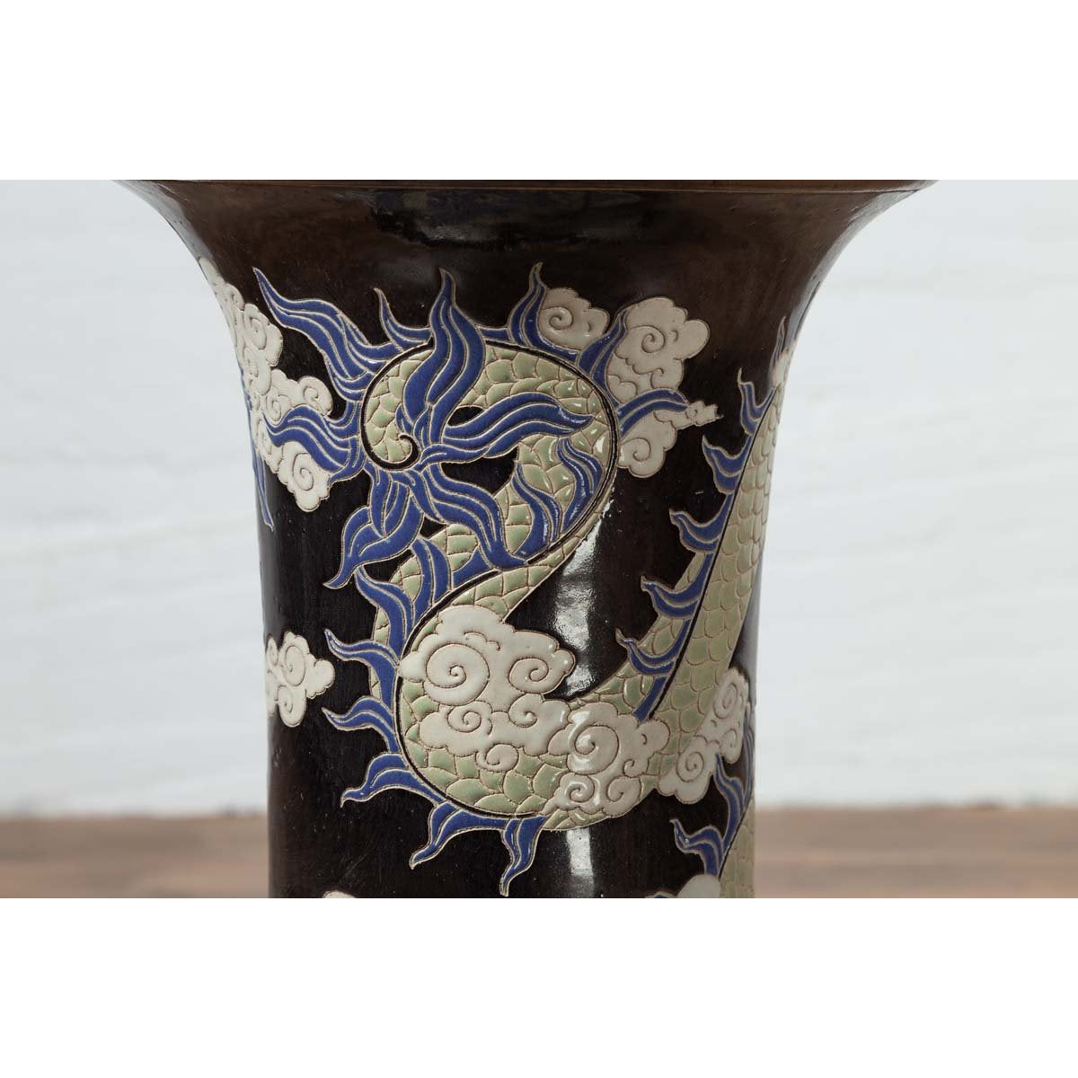 Blue Dragon Motif Altar Vase on Black Ground, Found in Vietnamese Temple-10. Asian & Chinese Furniture, Art, Antiques, Vintage Home Décor for sale at FEA Home