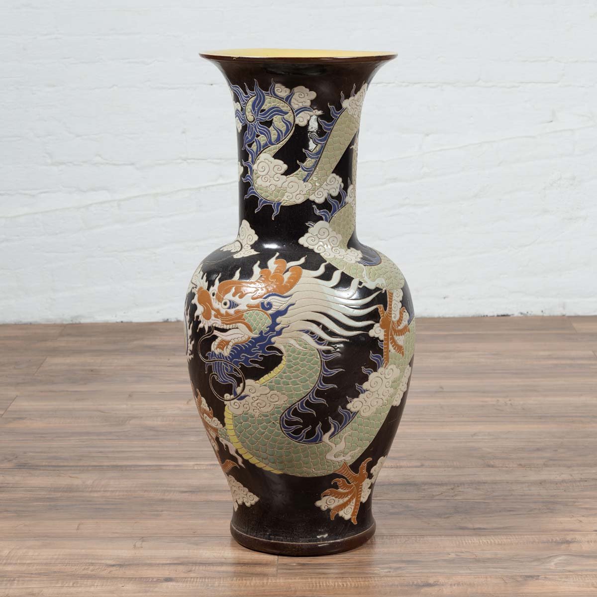 Blue Dragon Motif Altar Vase on Black Ground, Found in Vietnamese Temple-2. Asian & Chinese Furniture, Art, Antiques, Vintage Home Décor for sale at FEA Home