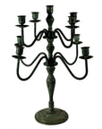 Bronze candelabra with nine candle holders, ornate curved arms, and round base, vintage style centerpiece.