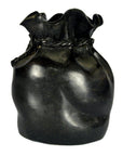 Bronze ceramic vase shaped like a tied sack with twisted rope design, close-up.