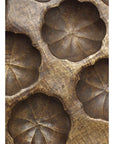 Close-up of bronze metal shell pan surface with carved circular, flower-like indents.