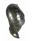 Bronze snail sculpture with detailed shell and textured body on a white background.