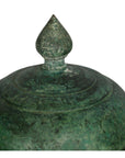 Close-up of bronze urn lid with verdigris patina and pointed knob, Lost Wax Cast technique.