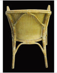 Brown rattan chair with woven back and seat, rear view against a solid black background.