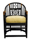 Beige rattan side chair with geometric backrest and beige cushion, front view.