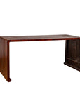 Dark wood Burmese vintage waterfall console table with scrolling feet, displayed against a plain white background.