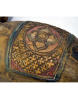 Close-up of a hand-carved Chiang Mai wooden elephant with detailed floral and geometric patterns, in very good condition.