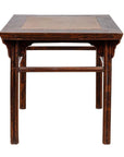 Dark wood Chinese elmwood square hall table with Ming Dynasty stone inset, 19th century, front view, minimalist style.