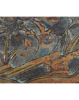 Close-up of a hand-carved Chinese 19th c. rosewood lacquered wall plaque with birds and foliage design.