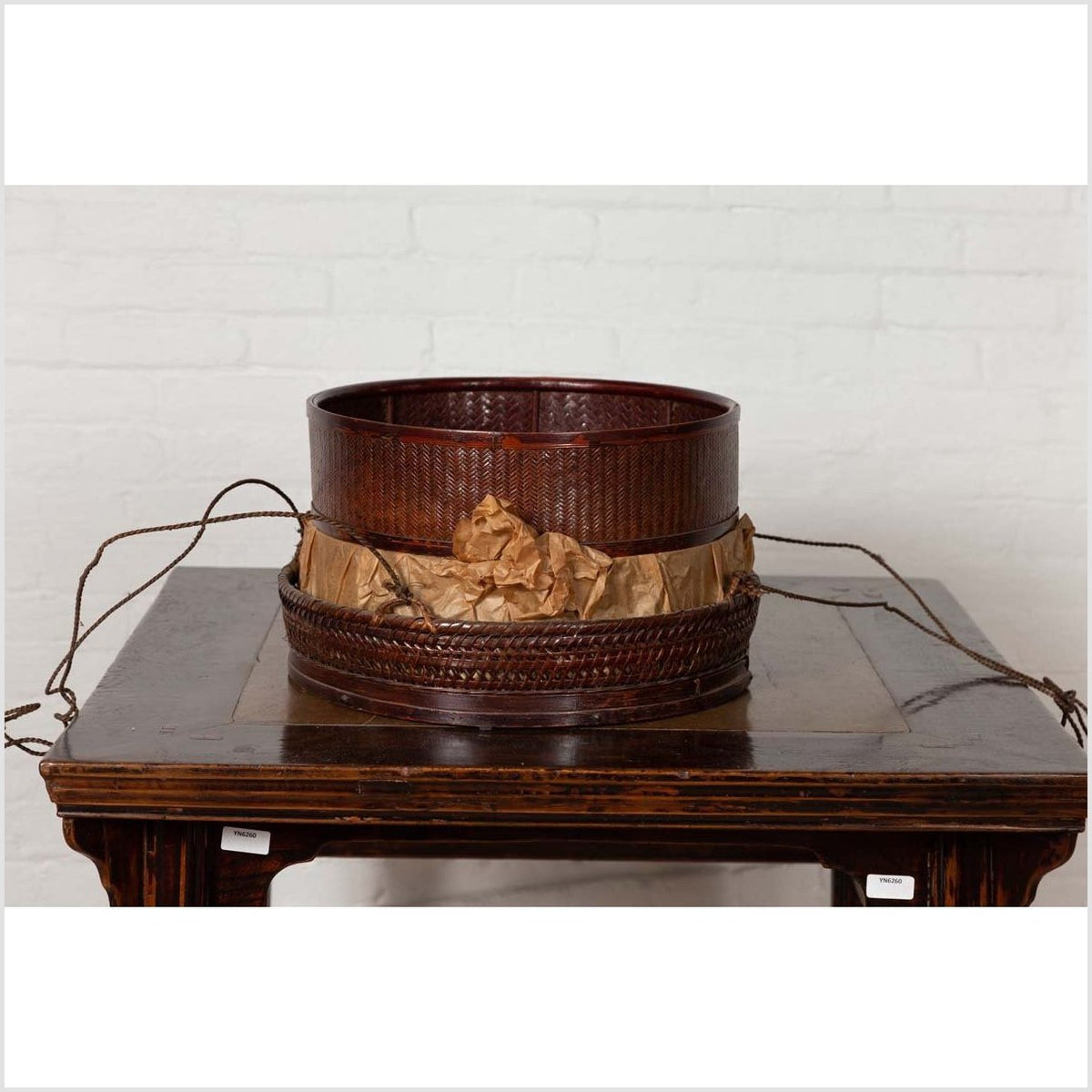 Chinese 19th Century Tiered Food Basket with Stacking Parts, Paper and Rope Ties-10. Asian & Chinese Furniture, Art, Antiques, Vintage Home Décor for sale at FEA Home