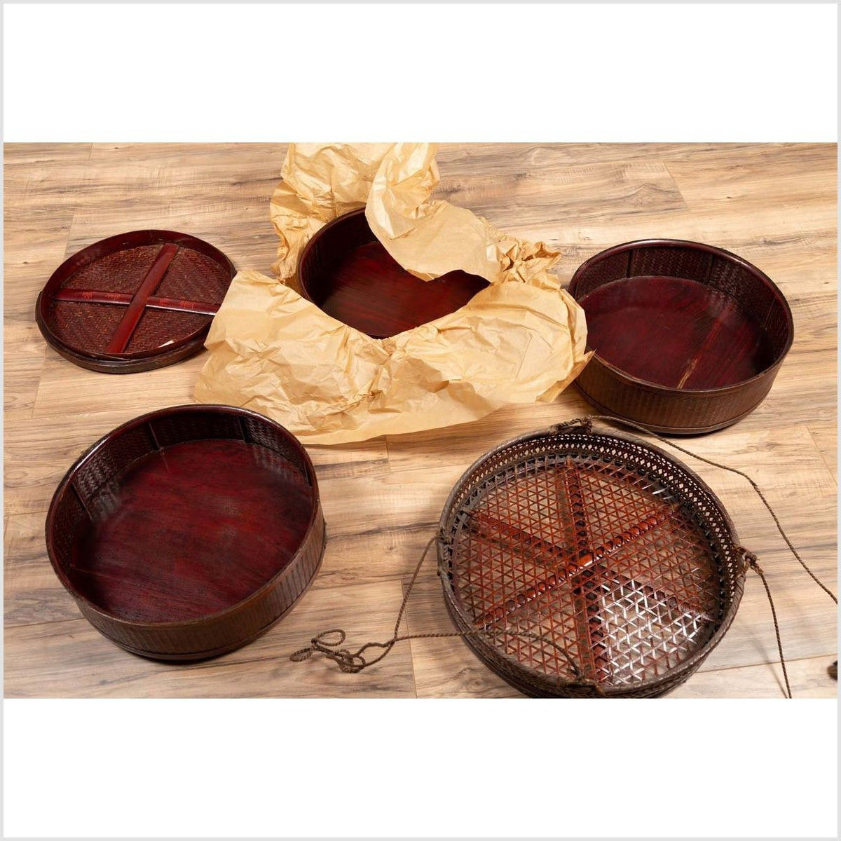 Chinese 19th Century Tiered Food Basket with Stacking Parts, Paper and Rope Ties-7. Asian & Chinese Furniture, Art, Antiques, Vintage Home Décor for sale at FEA Home