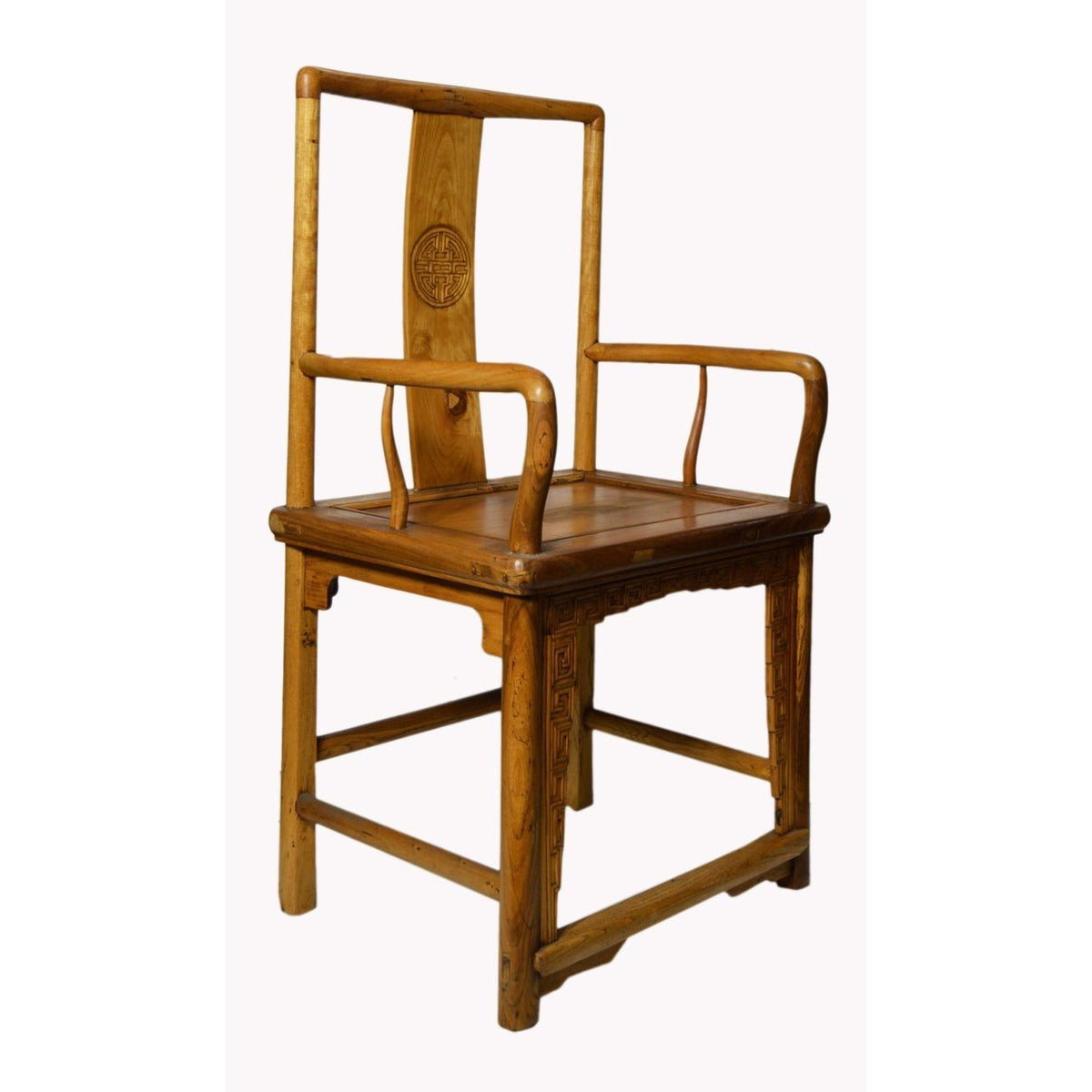 Chinese 19th Century Yumu Wood Chair with Hand-Carved Medallion and Greek Key-4. Asian & Chinese Furniture, Art, Antiques, Vintage Home Décor for sale at FEA Home