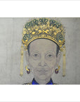 Blue Chinese ancestors painting on linen canvas with gold headdress and leaf accents, plain background, close-up view.