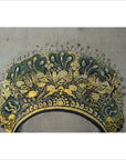 Gray linen canvas with Chinese ancestors painting, ornate gold and green patterns, detailed foliage background.
