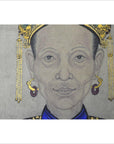 Blue and gold Chinese Ancestors painting on linen canvas, figure with gold leaf headdress and earrings, close-up.