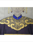 Close-up of Chinese ancestor painting on linen canvas with gold accents, dark robe, and visible earrings.