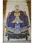 Colorful linen canvas with Chinese ancestors painting, features a regal figure in ornate Qing attire on decorated chair.