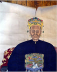 Multicolor linen canvas painting showing elderly East Asian woman in gold royal attire with gold leaf accents.