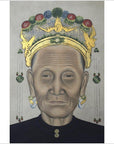 Close-up of a Chinese ancestors painting on linen canvas, elderly woman in gold headdress and dark robe portrait.