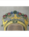 Gold, red, and green Chinese ancestors painting on linen canvas with golden birds and flowers.