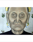 Colorful linen canvas Chinese Ancestors painting, elderly person with large earrings and gold leaf head ornaments.