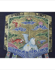 Colorful linen canvas painting with white bird, red fish, clouds, gold leaf, and decorative border.