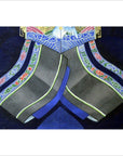 Dark blue linen canvas with painted Chinese ancestors, black sleeves, floral embroidery, and gold leaf accents.