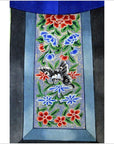 Colorful linen canvas painting featuring Chinese ancestors, black and white bird, colorful flowers, gold leaf accents.