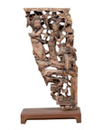 Brown wood hand-carved corbel with deities and ornate base, Chinese antique from 1900s, close-up view.