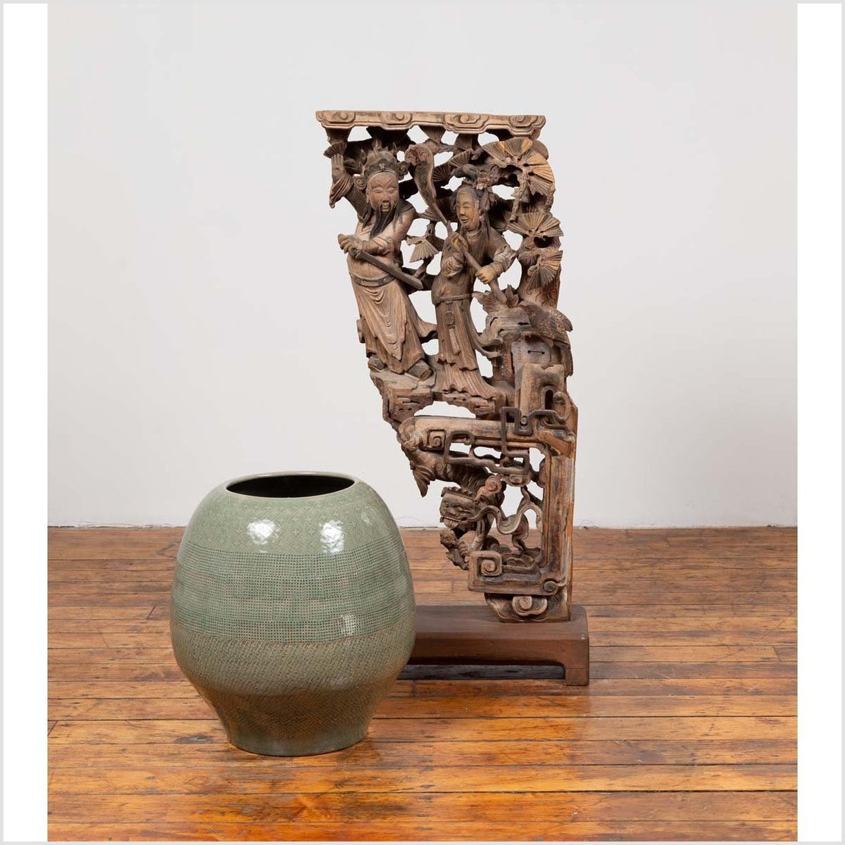 Chinese Antique 1900s Hand Carved Wooden Corbel with Deities Mounted on Base-3. Asian & Chinese Furniture, Art, Antiques, Vintage Home Décor for sale at FEA Home