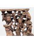 Brown wood hand carved Chinese corbel with deities in traditional attire, 1900s, on decorative base.