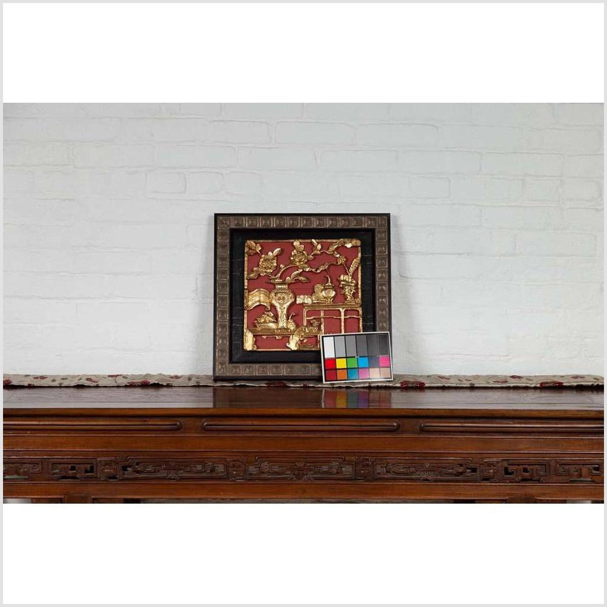 Chinese Antique Giltwood and Red Painted Floral Architectural Panel in New Frame-3. Asian & Chinese Furniture, Art, Antiques, Vintage Home Décor for sale at FEA Home