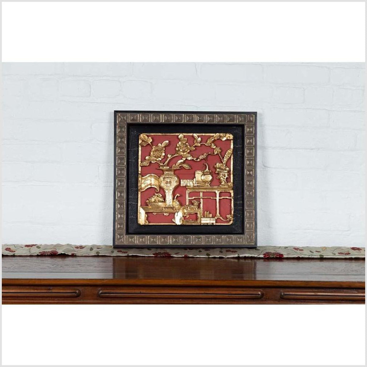 Chinese Antique Giltwood and Red Painted Floral Architectural Panel in New Frame-4. Asian & Chinese Furniture, Art, Antiques, Vintage Home Décor for sale at FEA Home