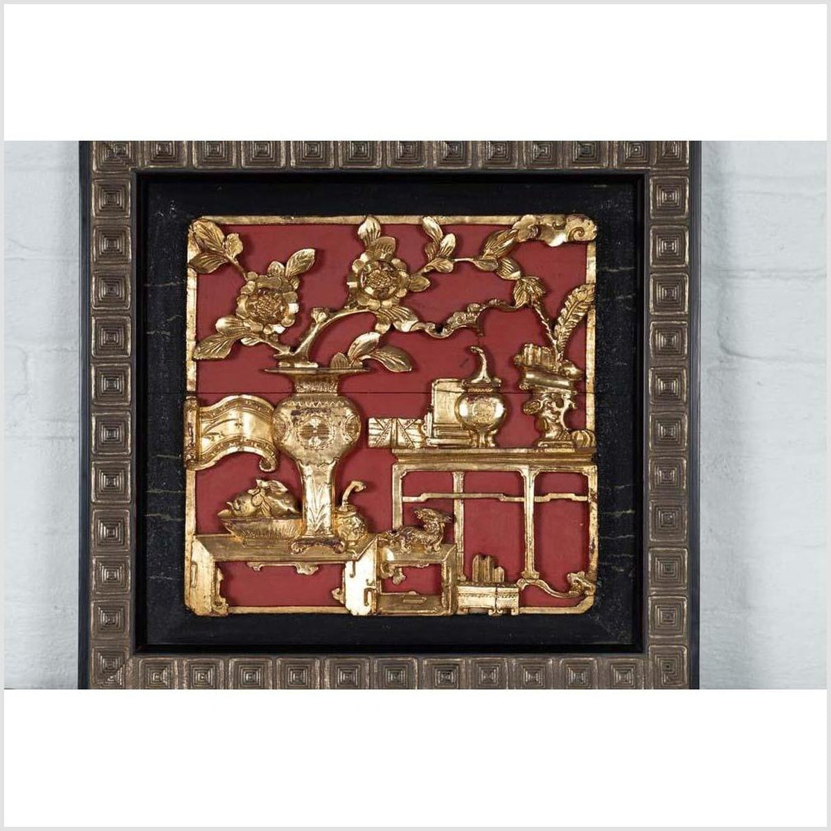 Chinese Antique Giltwood and Red Painted Floral Architectural Panel in New Frame-5. Asian & Chinese Furniture, Art, Antiques, Vintage Home Décor for sale at FEA Home