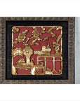 Close-up of red giltwood Chinese antique architectural panel featuring floral and vase motifs in a decorative frame.