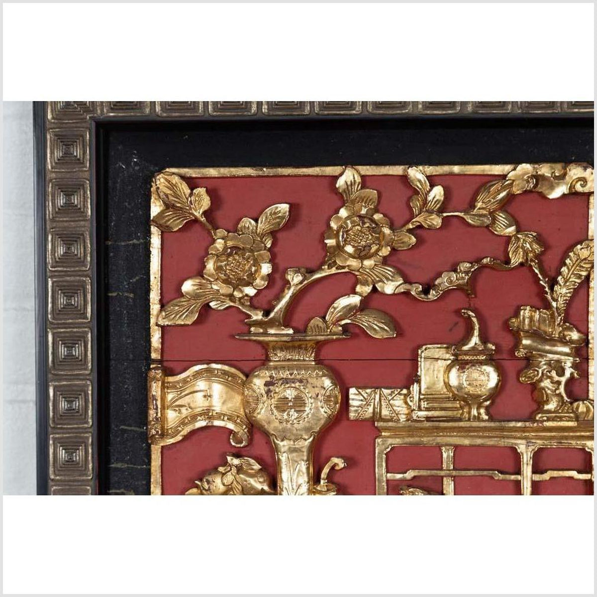 Chinese Antique Giltwood and Red Painted Floral Architectural Panel in New Frame-6. Asian & Chinese Furniture, Art, Antiques, Vintage Home Décor for sale at FEA Home