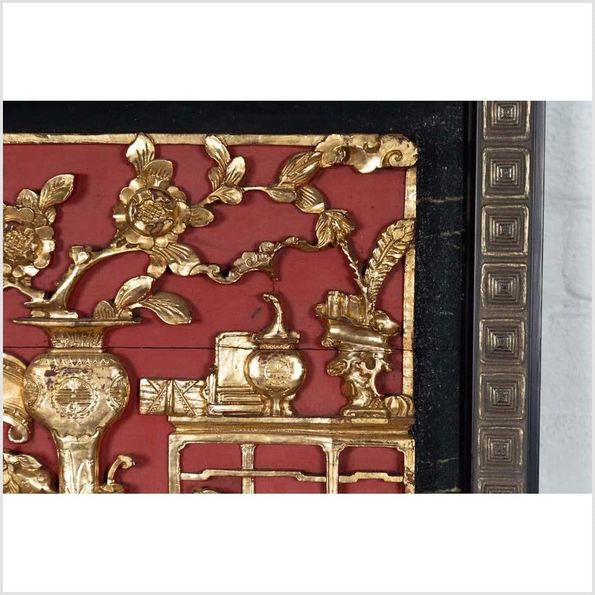 Chinese Antique Giltwood and Red Painted Floral Architectural Panel in New Frame-7. Asian & Chinese Furniture, Art, Antiques, Vintage Home Décor for sale at FEA Home