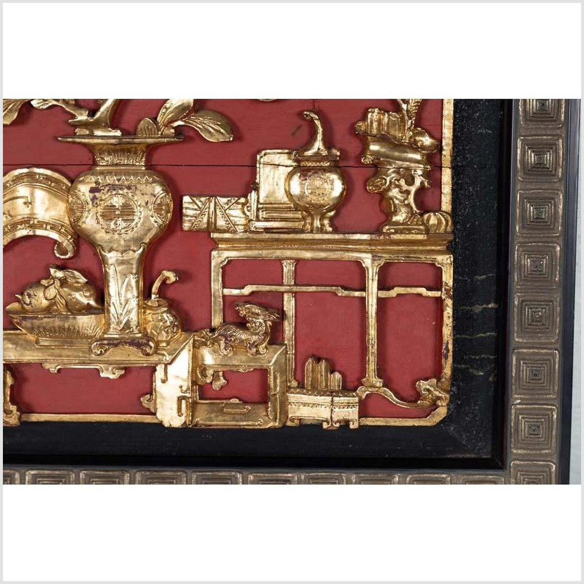 Chinese Antique Giltwood and Red Painted Floral Architectural Panel in New Frame-8. Asian & Chinese Furniture, Art, Antiques, Vintage Home Décor for sale at FEA Home