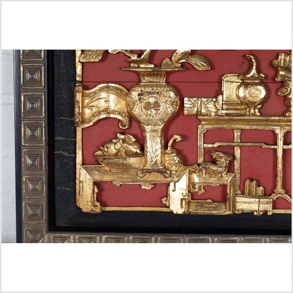 Chinese Antique Giltwood and Red Painted Floral Architectural Panel in New Frame-9. Asian & Chinese Furniture, Art, Antiques, Vintage Home Décor for sale at FEA Home
