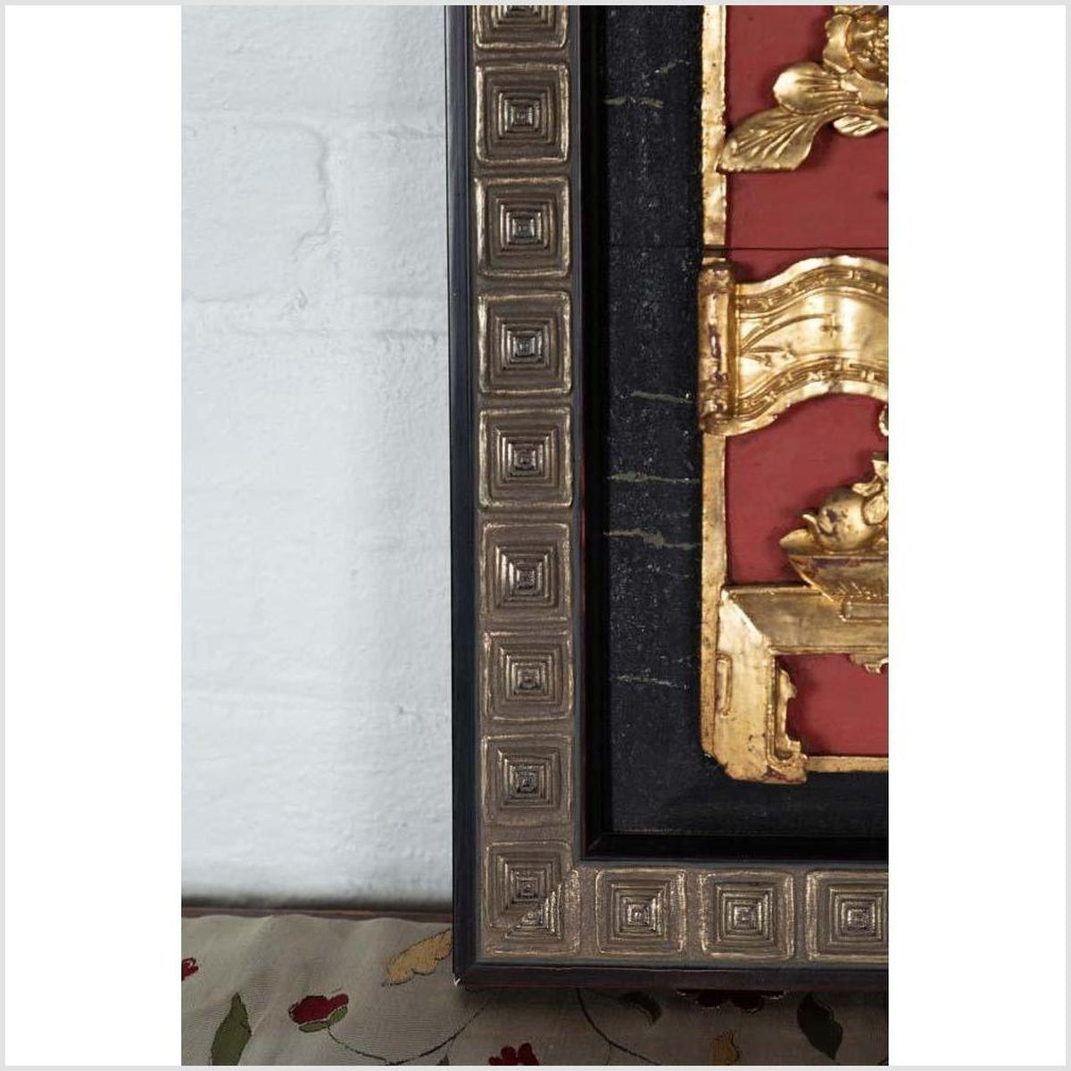 Chinese Antique Giltwood and Red Painted Floral Architectural Panel in New Frame-10. Asian & Chinese Furniture, Art, Antiques, Vintage Home Décor for sale at FEA Home