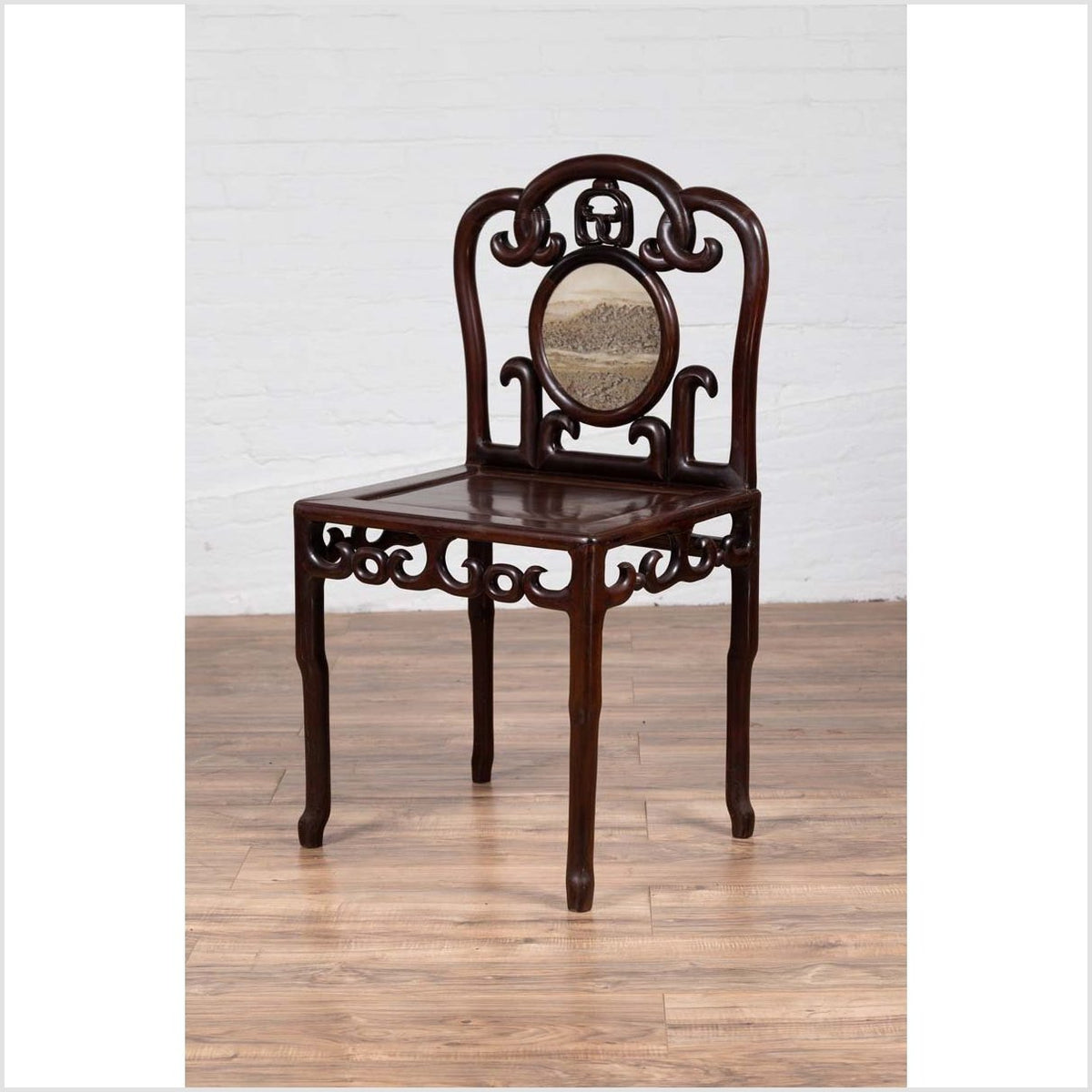 Chinese Antique Rosewood Side Chair with Open Fretwork and Marble Medallion-11. Asian & Chinese Furniture, Art, Antiques, Vintage Home Décor for sale at FEA Home