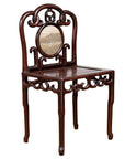 Dark rosewood Chinese side chair with open fretwork and round marble medallion back panel, studio view.