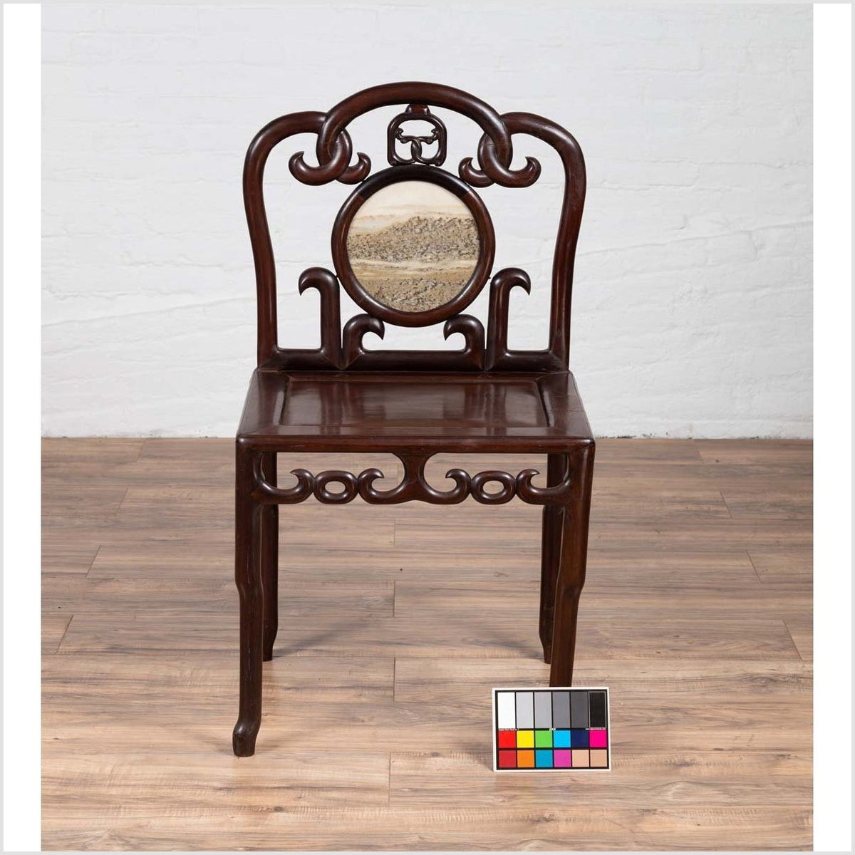 Chinese Antique Rosewood Side Chair with Open Fretwork and Marble Medallion-3. Asian & Chinese Furniture, Art, Antiques, Vintage Home Décor for sale at FEA Home