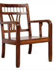 Brown elmwood Chinese Art Deco armchair with pierced back and curved armrests, 1950s, close-up.