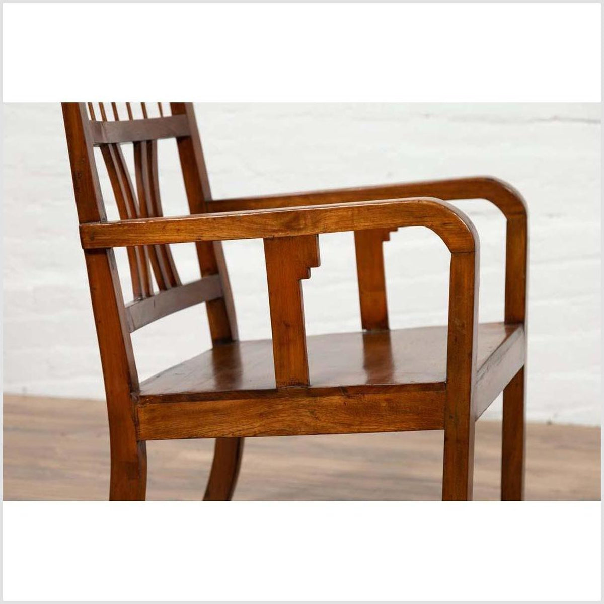Chinese Art Deco Style 1950s Elmwood Armchair with Pierced Back and Curving Arms-10. Asian & Chinese Furniture, Art, Antiques, Vintage Home Décor for sale at FEA Home