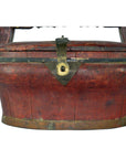 Close-up of a vintage Chinese bamboo wedding basket with a brass latch, some visible wear, in good condition.