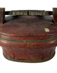 Brown bamboo wedding basket with handle, curved sides, and metal bands; visible wear but overall in good condition.